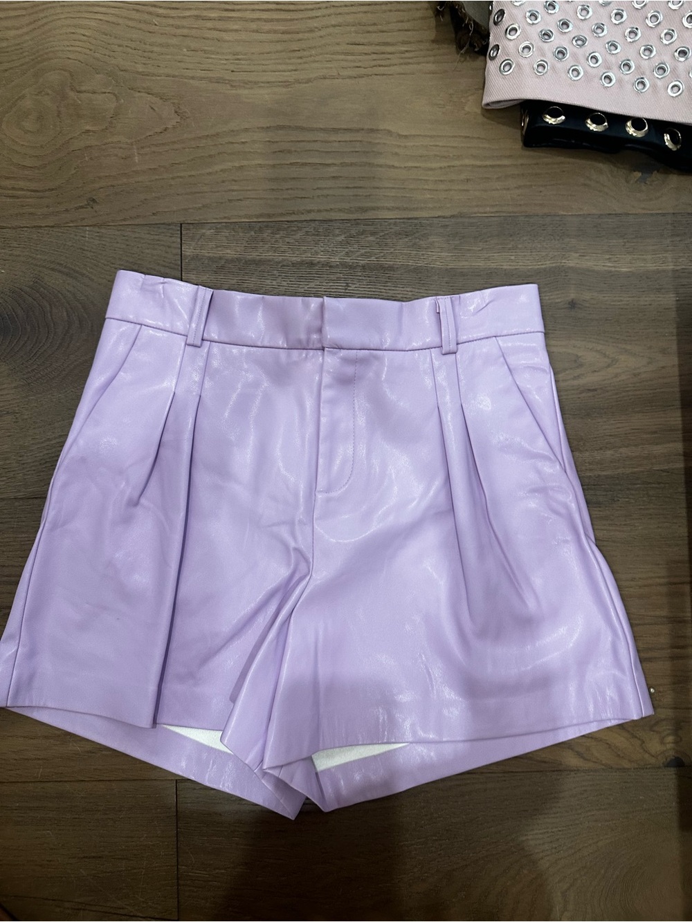 High-Waist Lilac Vegan Leather Pleated Women's Shorts